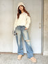 Vネックロングシャギーニットトップス